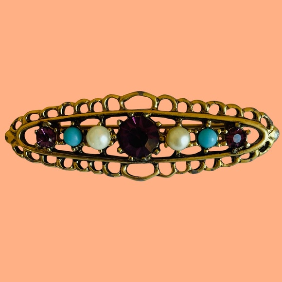 Vintage Signed Emmons Goldtone Filigree Bar Brooch With Amethyst Rhinestones